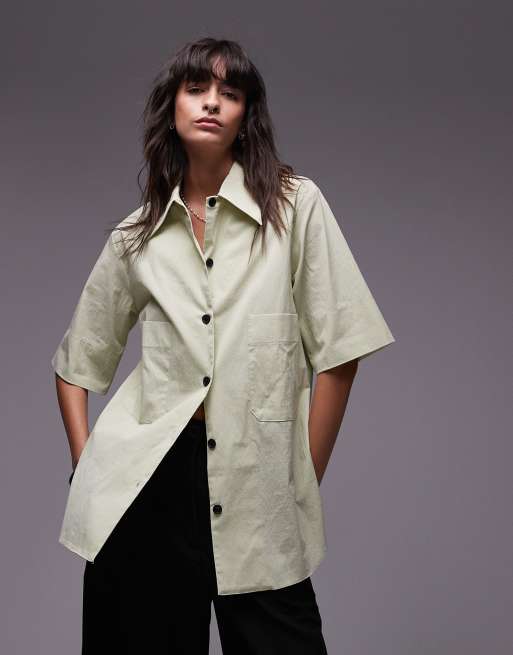 Topshop - Grøn resortskjorte med sømdetaljer i techstof