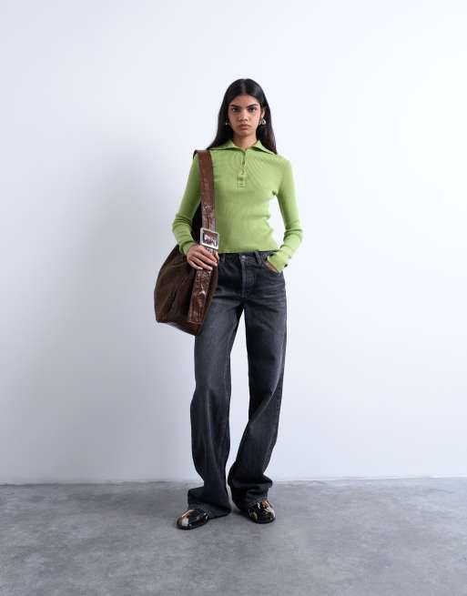 Topshop - Grøn ribstrikket polotop med krave, 2 af 4