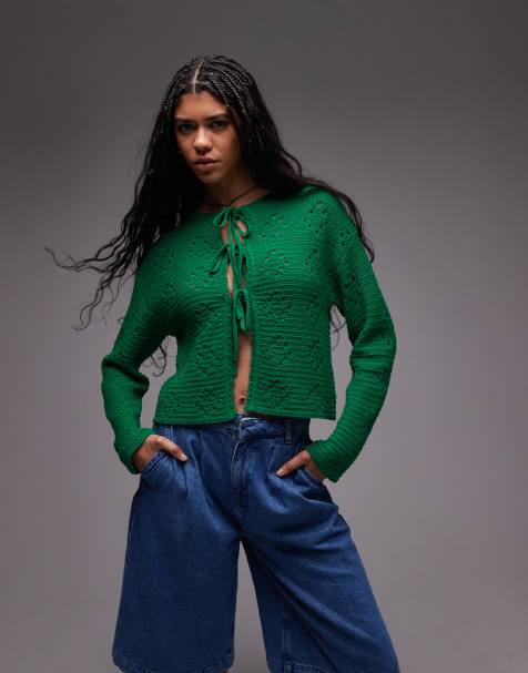 Topshop - Grøn strikket cardigan med bindebånd i pointelle - view 1