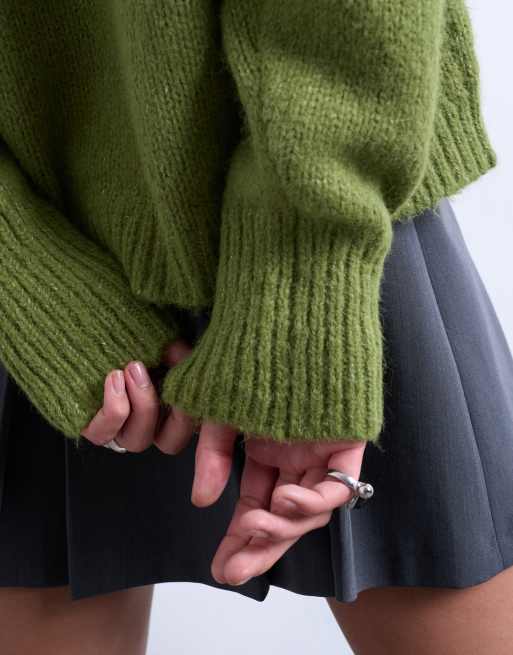 Topshop - Grøn-strikket og blød trøje i uldblanding med V-hals, 4 af 4