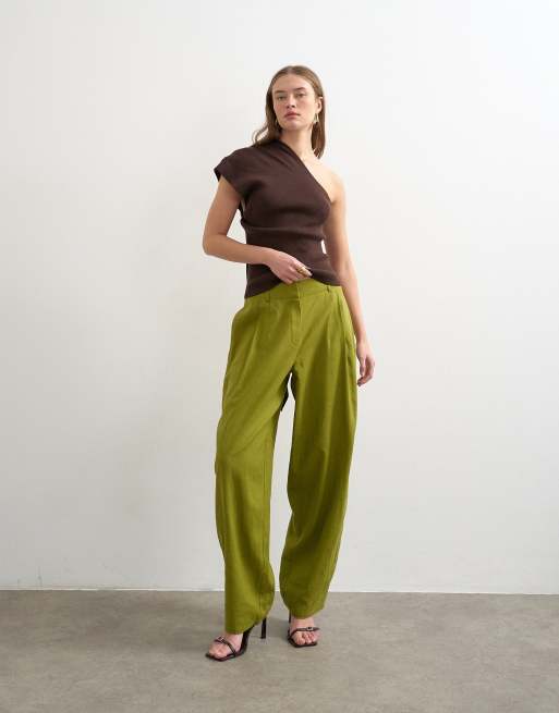 Topshop - Grønne barrel-bukser i hørblanding, 4 af 5