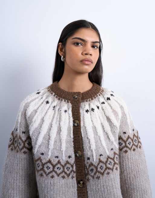 Topshop – Grobstrickjacke mit Fair-Isle-Muster in neutralen Farbtönen, 2 von 4