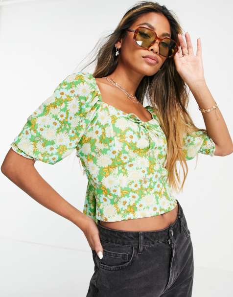 Topshop – Grön 70-talsblommig topp med knytning baktill och puffärmar - view 1