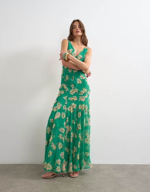 Topshop – Grön, blommig maxiklänning i chiffong med dekorativ söm, 2 av 4