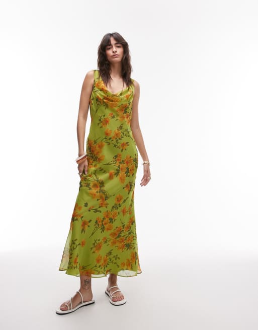 Topshop – Grön, blommig maxiklänning med dubbla lager och draperad ringning, 4 av 4