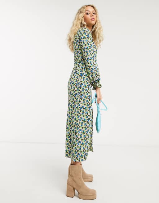 Topshop – Grön blommig midiklänning med hög ringning, 4 av 4
