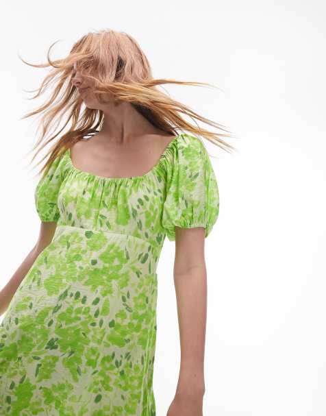 Topshop – Grön, blommig midiklänning med puffärmar och utskurna detaljer - view 1