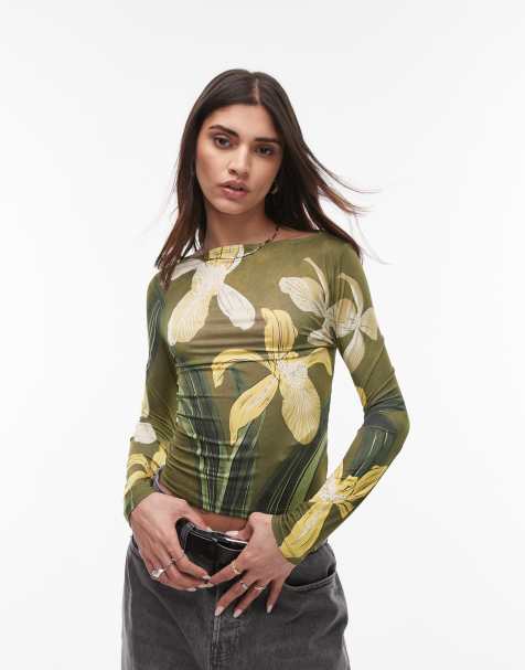Topshop – Grön, blommig topp i mikrofiber med långa ärmar - view 1