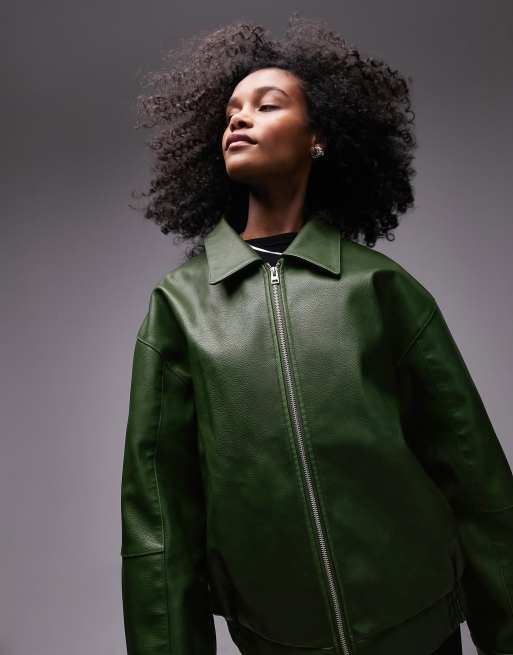 Topshop – Grön bomberjacka i läderimitation med centrerad dragkedja framtill, 2 av 4