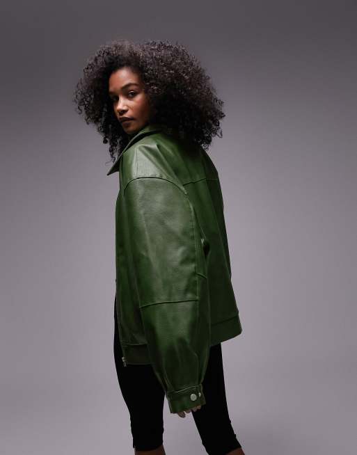Topshop – Grön bomberjacka i läderimitation med centrerad dragkedja framtill, 3 av 4