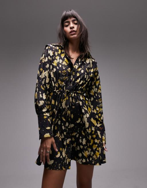 Topshop – Grön, djurmönstrad skjortklänning i minilängd med knytning i midjan