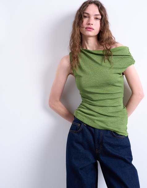 Topshop – Grön, draperad topp med asymmetrisk axel - view 1