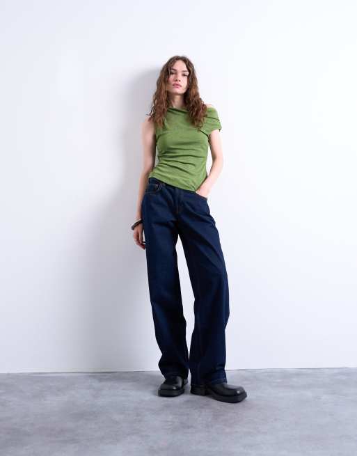 Topshop – Grön, draperad topp med asymmetrisk axel, 2 av 4