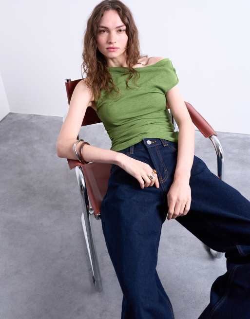 Topshop – Grön, draperad topp med asymmetrisk axel, 4 av 4
