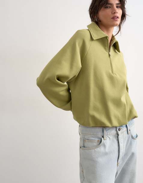 Topshop – Grön, dubbelstickad sweatshirt med pikékrage, ballong fåll och kvartslång dragkedja - view 1