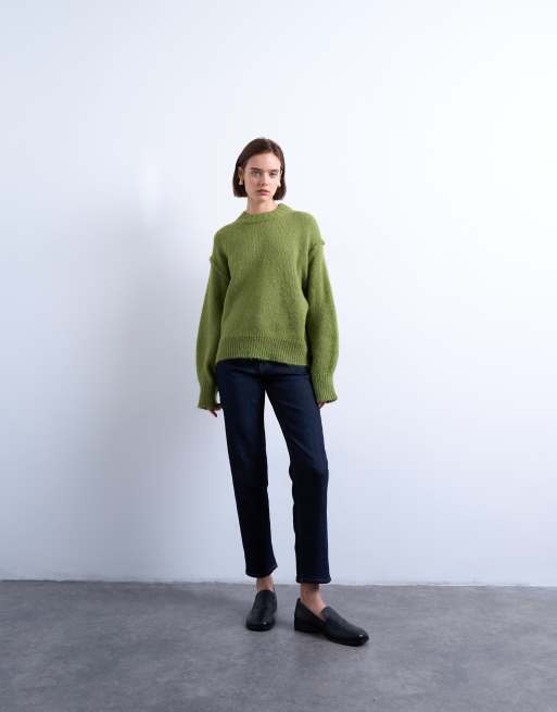 Topshop – Grön, fluffigt stickad tröja i ullmix med synliga sömmar, 4 av 4