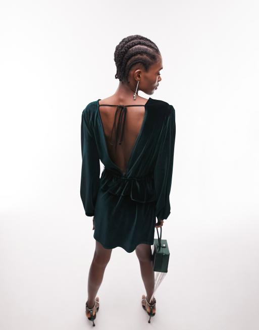 Topshop – Grön kort sammetsklänning i peplum-modell