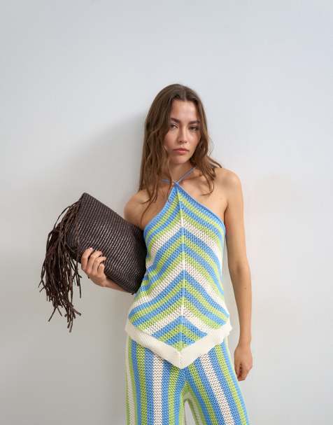 Topshop – Grön- och blårandig, stickad topp med halterneck, del av set - view 1