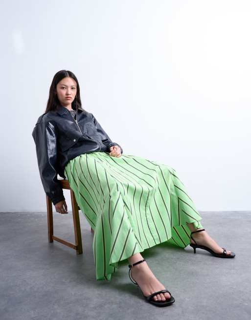 Topshop – Grön och gul, randig, vid midikjol i poplin med midjeresår, 3 av 5