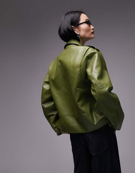Topshop – Grön oversize bikerjacka i läderimitation, 4 av 4