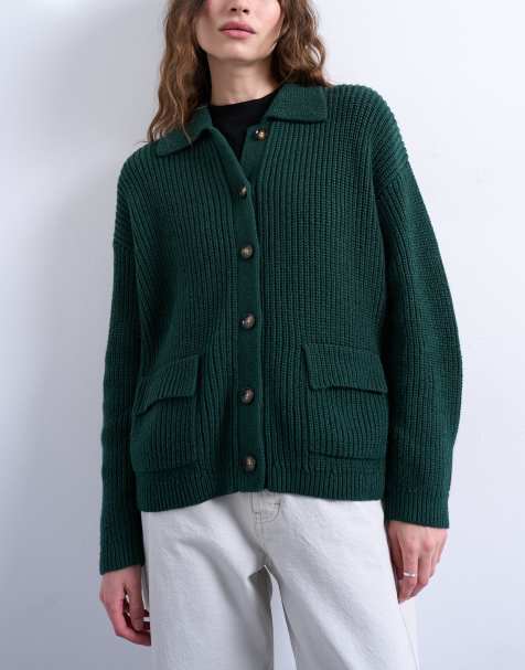 Topshop – Grön, ribbstickad jacka med dubbla fickor - view 1