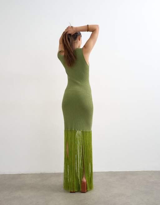 Topshop – Grön, ribbstickad maxiklänning med tofsar, 3 av 4