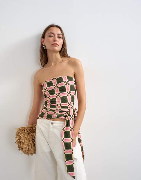 Topshop – Grön, rutig bandeau-topp med knytning - view 1