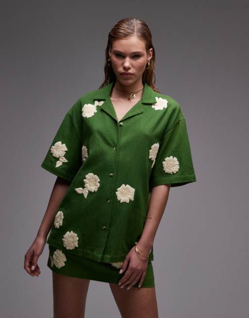 Topshop – Grön semesterskjorta med blommor i raffia, del av set, 2 av 5
