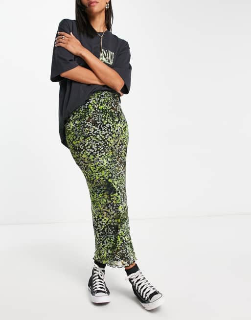 Topshop – Grön småblommig midi-kjol i mesh