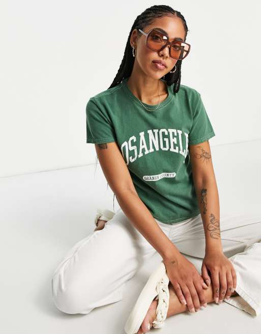 Topshop – Grön t-shirt med LA-tryck