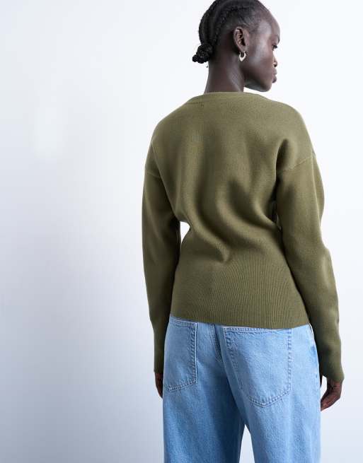 Topshop – Grön, tätstickad kofta i lång modell med v-ringning och insvängd midja, 4 av 4