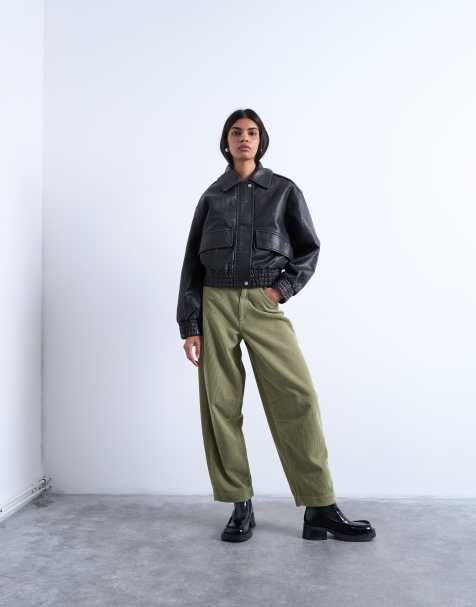 Topshop – Gröna manchesterbyxor med hög midaj och barrelben - view 1