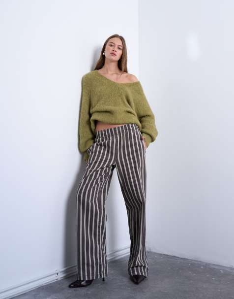 Topshop – Gröna och bruna, randiga poplinbyxor med vida ben och elastisk midja - view 1