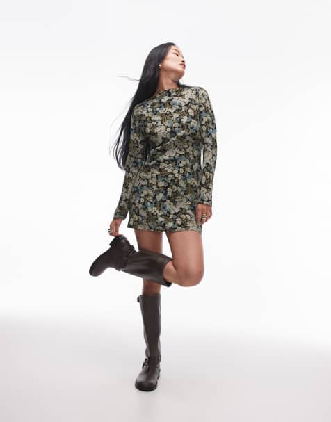 Topshop – Grönblå, blommig, långärmad miniklänning med rak halsringning - view 1