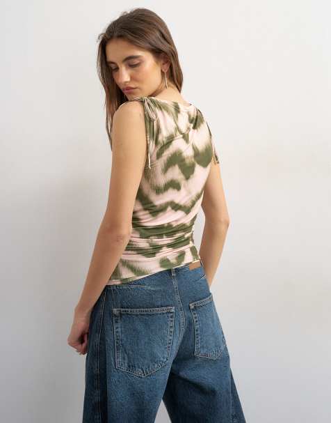 Topshop – Grönt, zebramönstrat linne i mikrofiber med ryschade axlar - view 1
