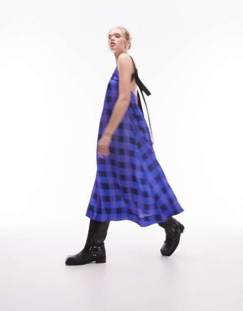 Topshop grossgrain contrast strap blurred check midi slip dress in blue