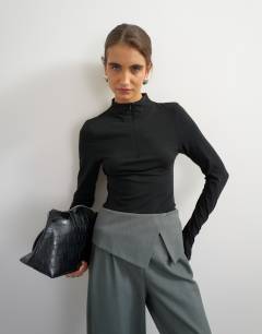 Model wearing Grown on neck zip long sleeve top in black