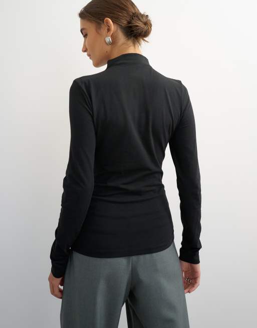 Topshop grown on neck zip long sleeve top in black, 4 of 4