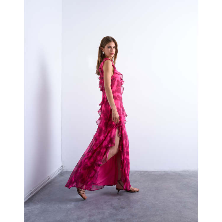 Topshop grown on ruffle sleeve occasion maxi dress in blurred pink floral |  ASOS