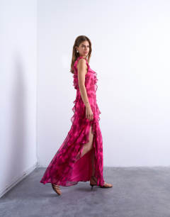 Grown on ruffle sleeve occasion maxi dress in blurred pink floral