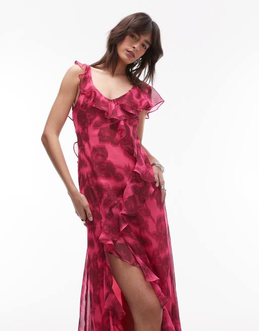 Topshop grown on ruffle sleeve occasion maxi dress in blurred pink floral