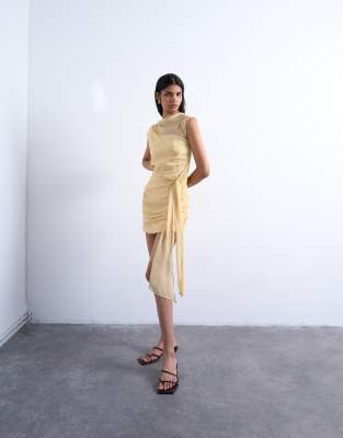 Topshop Grown-on Shoulder Chiffon Mini Dress With Sash In Yellow