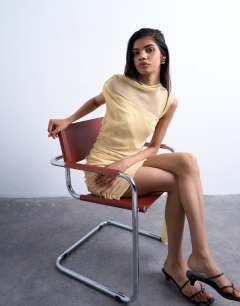 Grown on shoulder chiffon mini dress with sash in textured buttermilk
