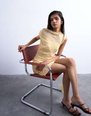 Topshop Grown-on Shoulder Chiffon Mini Dress With Sash In Yellow