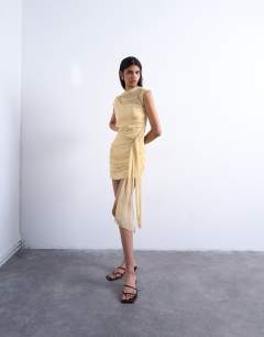 Model wearing Grown on shoulder chiffon mini dress with sash in textured buttermilk