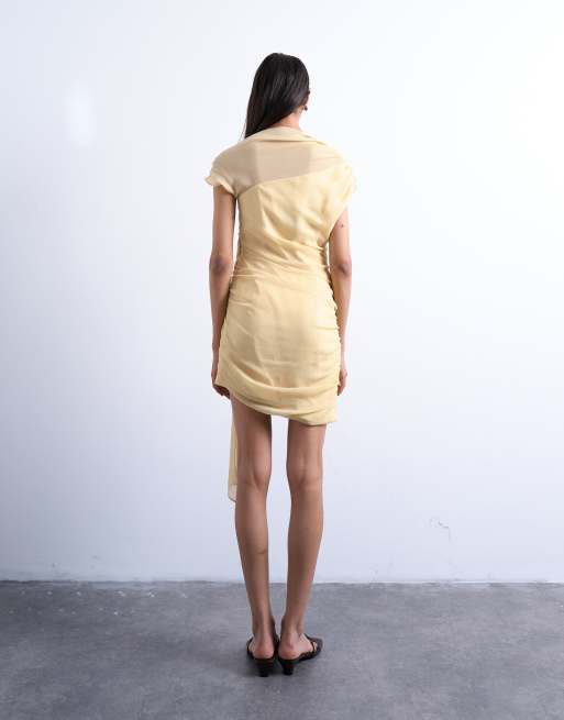 Topshop grown on shoulder chiffon mini dress with sash in textured buttermilk