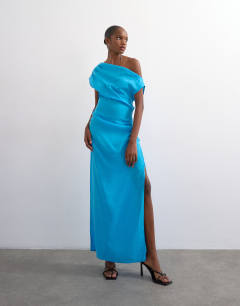 Grown on shoulder midi dress in soft touch electric blue