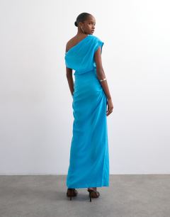 Model wearing Grown on shoulder midi dress in soft touch electric blue
