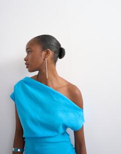 Model wearing Grown on shoulder midi dress in soft touch electric blue