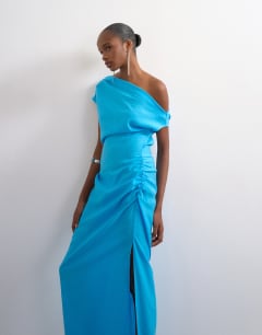 Model wearing Grown on shoulder midi dress in soft touch electric blue